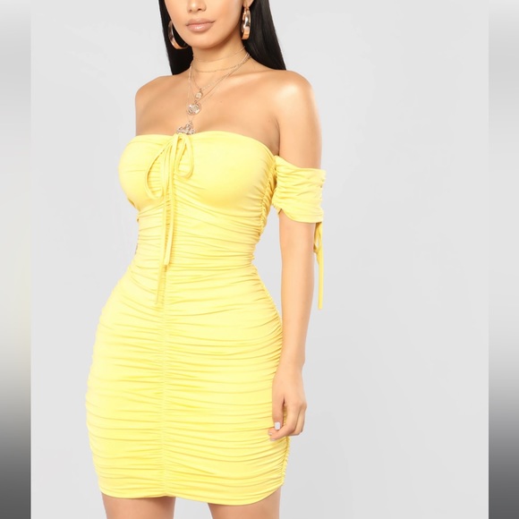 Yellow Ruched Bardot Mini Dress with off shoulder Sleeves - Picture 1 of 5